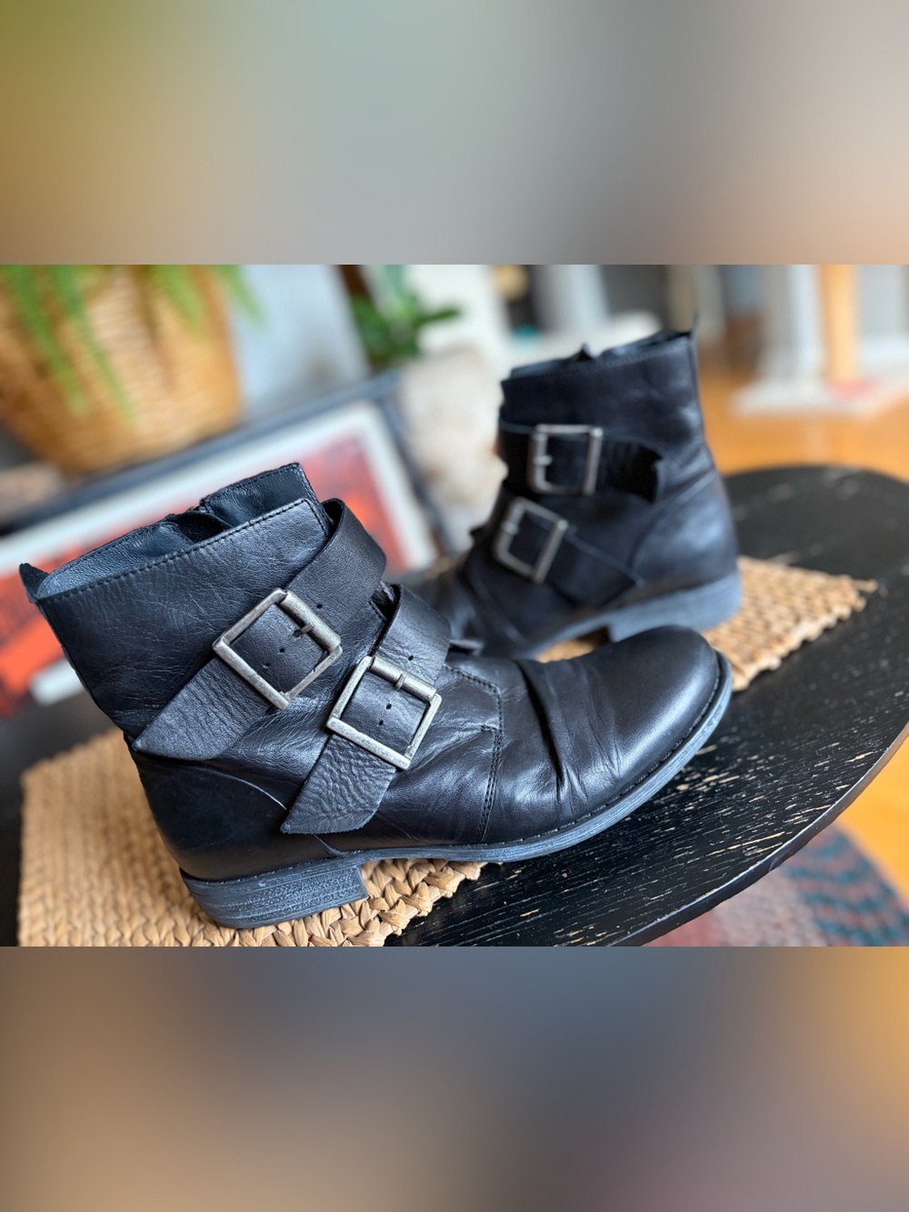 Miz Mooz Black Leather Double-Buckle Limelight Ankle Boots
